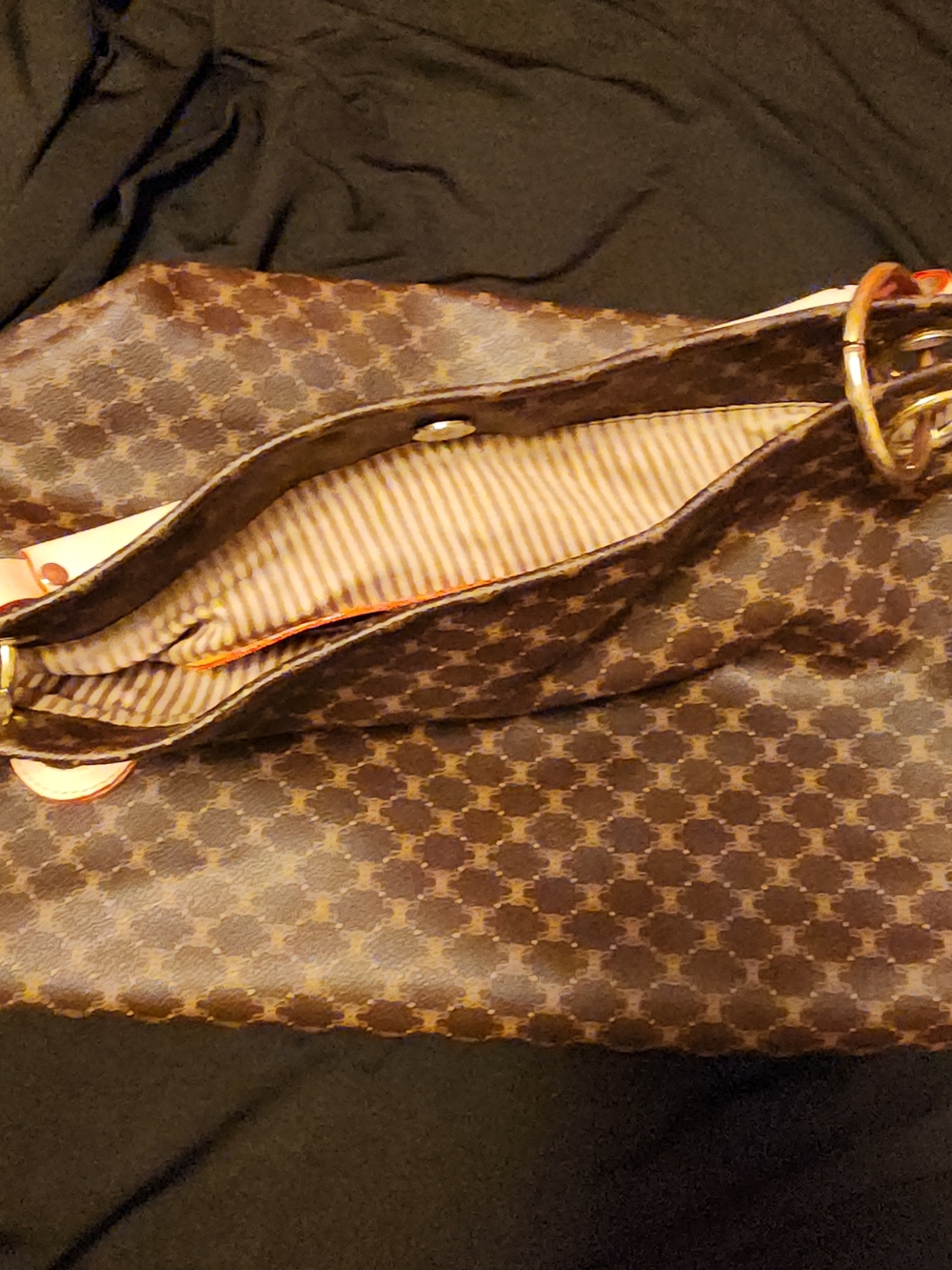 Women's Brown Monogram Pattern Satchel with White Handle - Picture 5 of 9